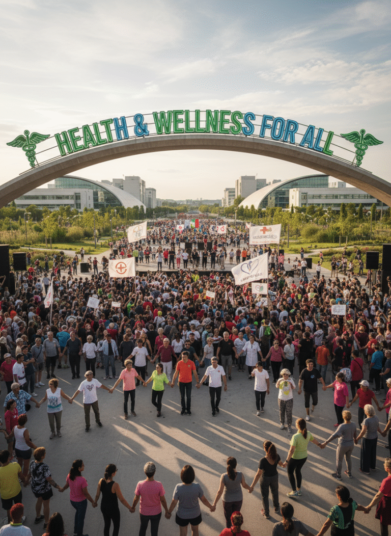 A vats community of people gathered under a health sign